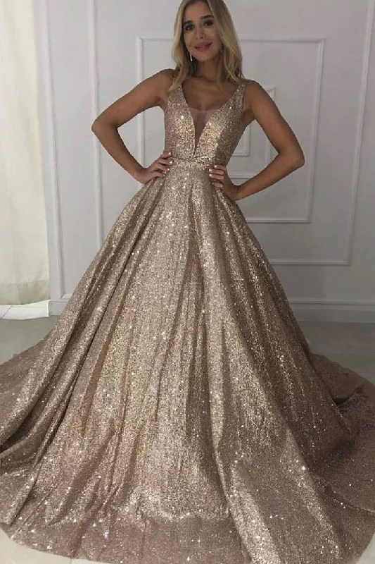 Exclusive Deal summer floral dressSparkly V-neck Long Ball Gown Prom Dresses Modest Quinceanera Dresses