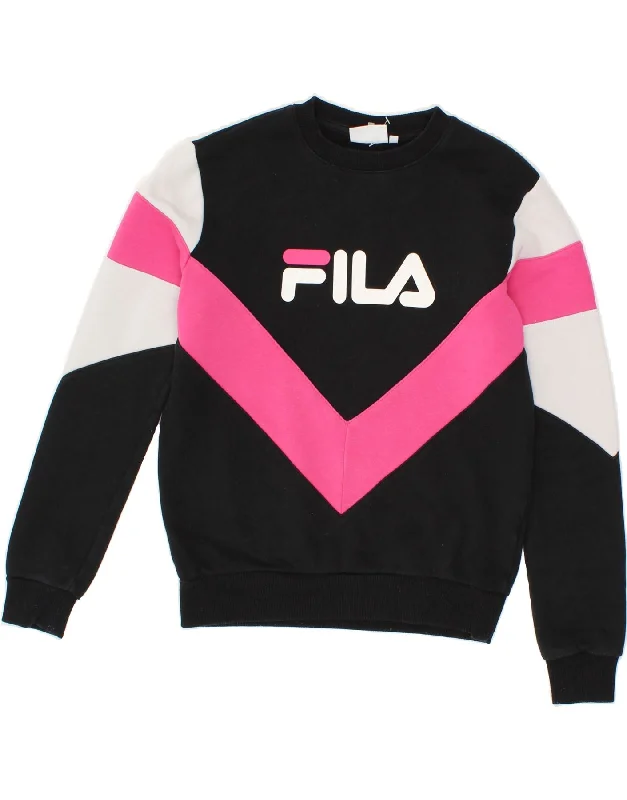 FILA Womens Oversized Graphic Sweatshirt Jumper UK 2 2XS Black Colourblock