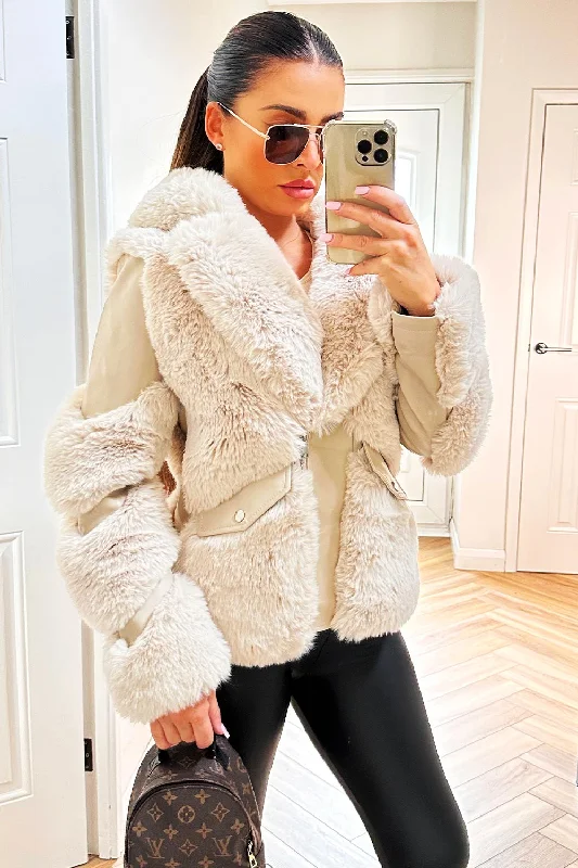 Deal Alert casual coatFaux Fur Lined Faux Leather Aviator Jacket Beige