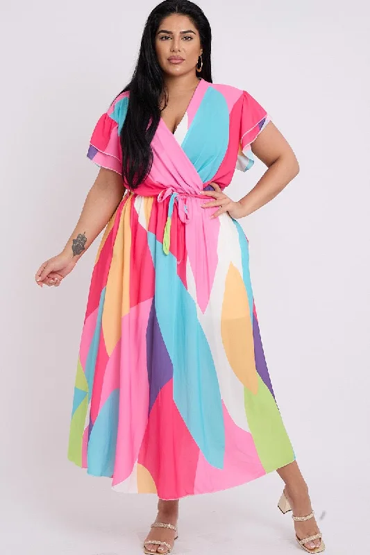 Huge Discounts cocktail party dressPlus Size Pink Printed Wrap Tie Waist Short Layered Sleeves Dress with Pockets