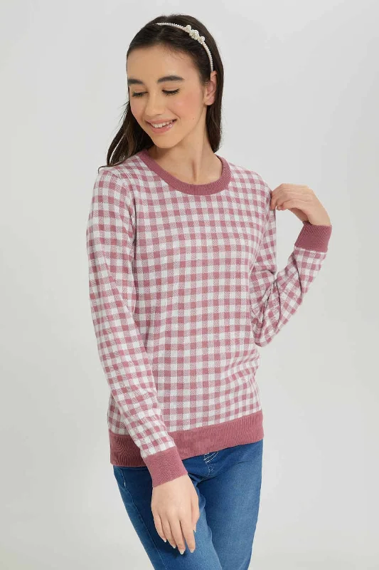 Time-Limited Offer Senior Girls Pink and White Gingham Print Pullover