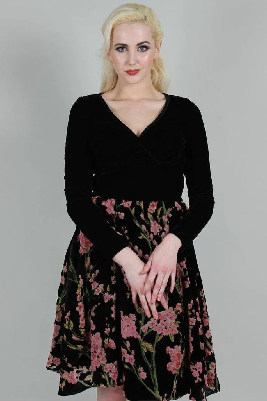 Limited Quantity cocktail party dressCheryl Velvet Dress With Chiffon Rose Flocking