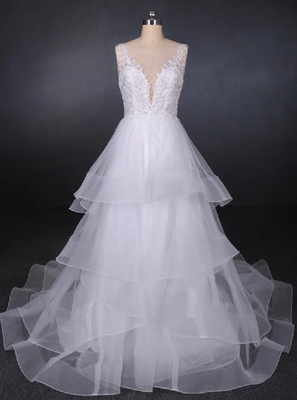 flowy maxi dressPrincess V Neck Tulle Backless Wedding Dresses With Layered OW574