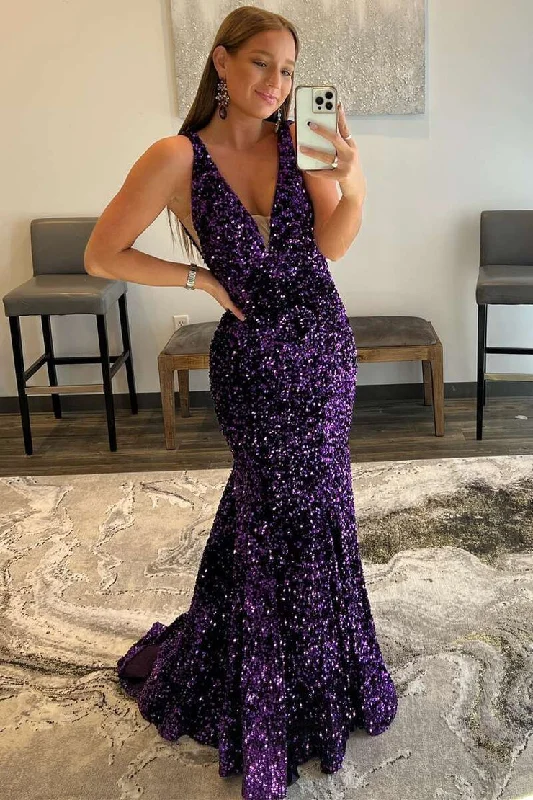 elegant maxi dressCharming Mermaid Deep V Neck Purple Sequins Long Prom Dresses N122