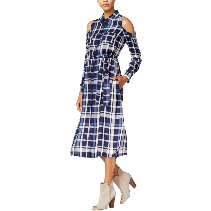 Act Fast shift dressmaison Jules Womens Cold-Shoulder Plaid Midi Shirt Dress, Blue, X-Large