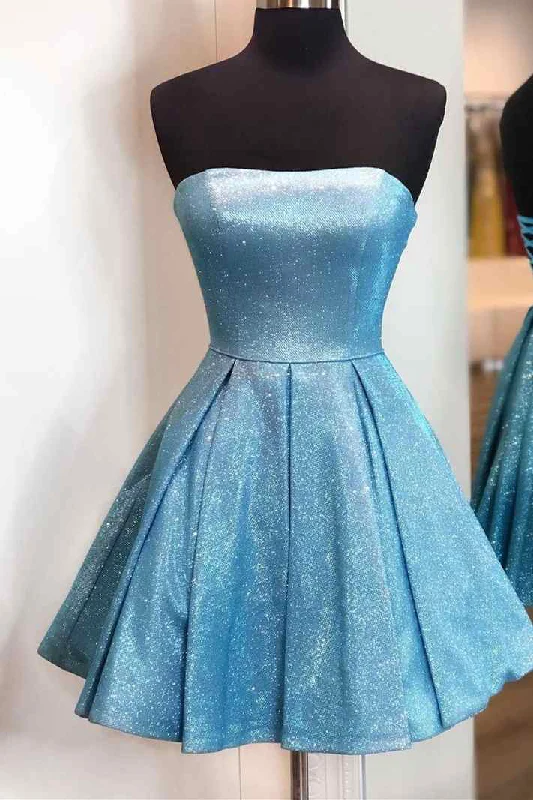 classic fit-and-flare dressShiny Short Blue Strapless A-Line Satin Homecoming Dress