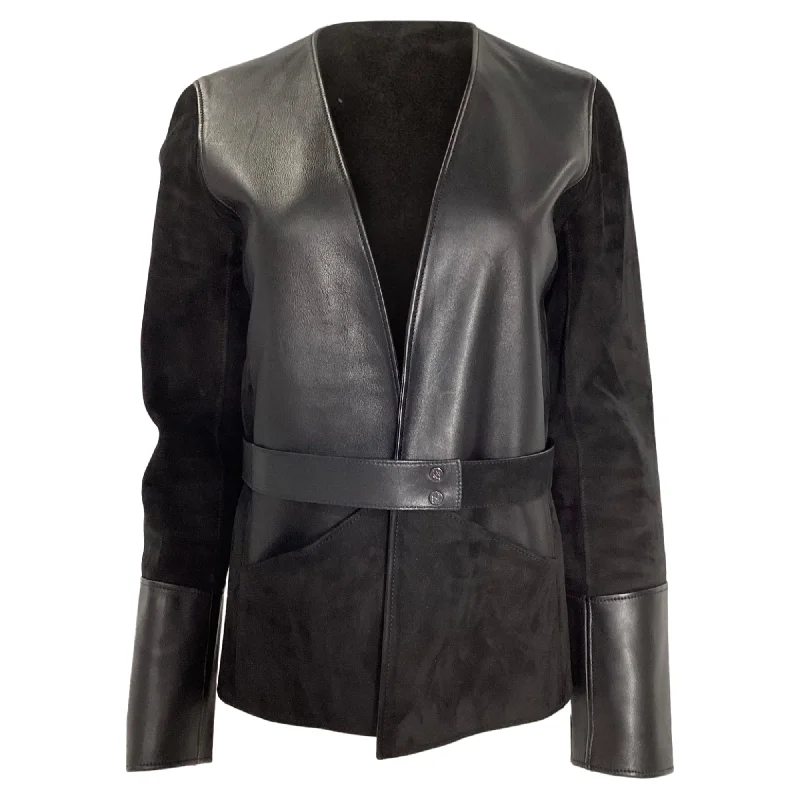 Hermès Collarless Jacket with Belt in Black Leather and Suede