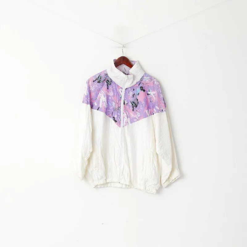 Reduced Prices vintage trench coatVintage Women L Jacket Vintage 80s Shiny Cream Pink Pattern Full Zipper Bomber Top