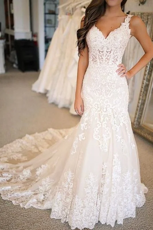 spaghetti strap dressMermaid V-neck Bridal Dresses Lace Appliques Wedding Dresses