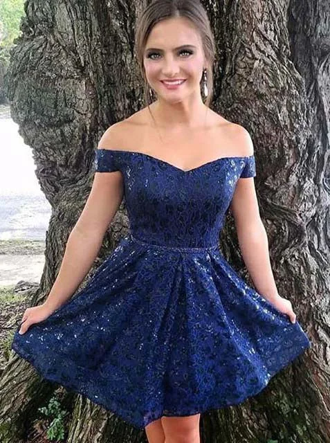 floral midi dressA-line Dark Navy Off Shoulder Lace Short Prom Dress Homecoming Dress