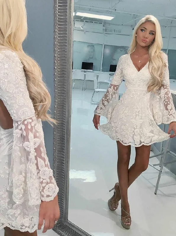 floral wrap dressA-line Ivory Lace Beading Short Party Dress With Bell Sleeves OM259