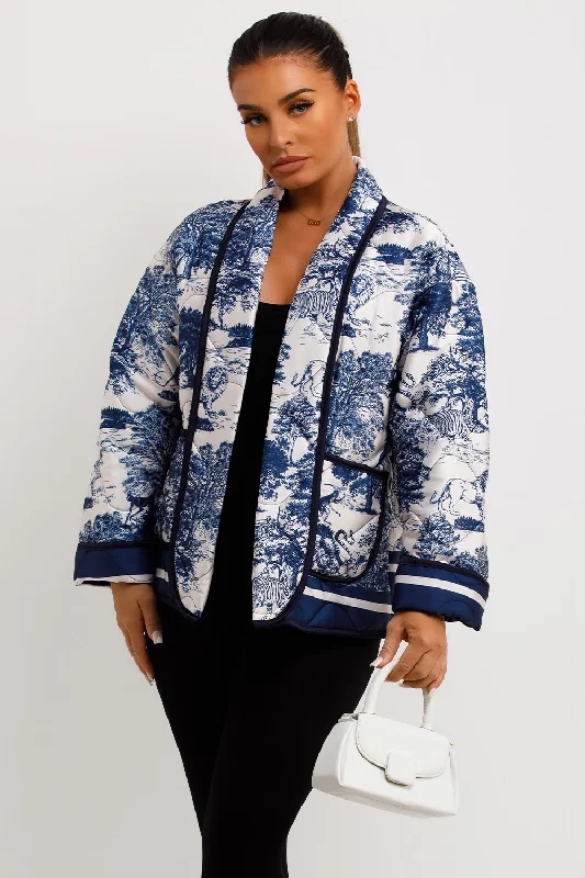 Extra Savings relaxed winter jacketSatin Quilted Blazer Jacket With Jungle Print Blue