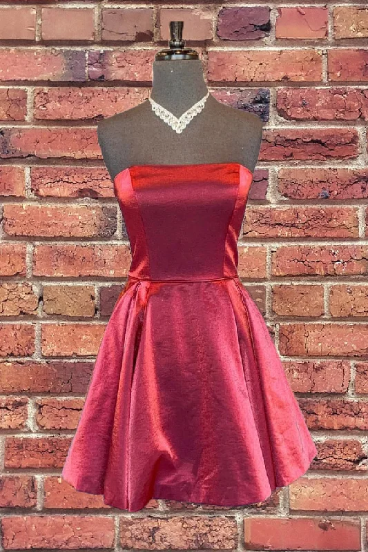 long sleeve dressSimple Short Burgundy Strapless Satin Homecoming Dress