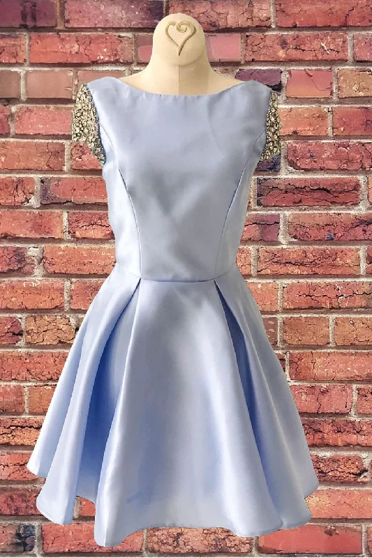 casual midi dressA- Line Blue Round Neck Satin Cap Sleeves Homecoming Dress