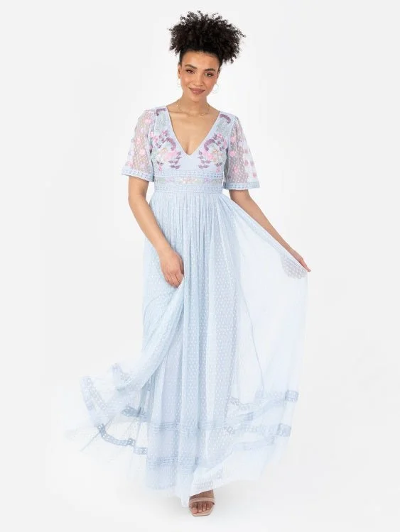 YEAR-End Clearance high-waisted dressMaya Baby Blue Embroidered Spot Mesh Maxi Dress with Keyhole Back YEAR-End Clearance high-waisted dressMaya Baby Blue Embroidered Spot Mesh Maxi Dress with Keyhole Back