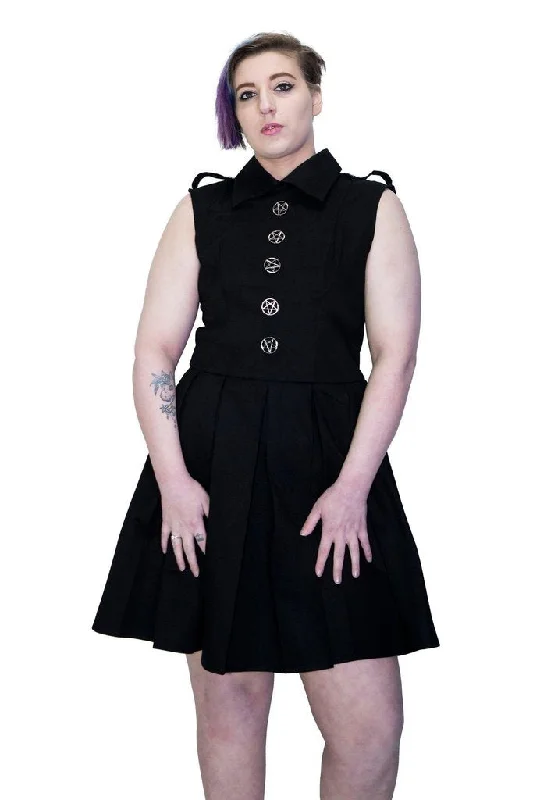 Discount Extravaganza bohemian dressOccult Silver Pentagram Buttons Black Plus Size Midi Dress - Hattie