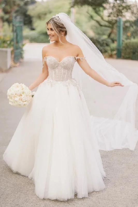 floral wrap dressA Line Sweetheart Tulle Wedding Dresses with Beading N095