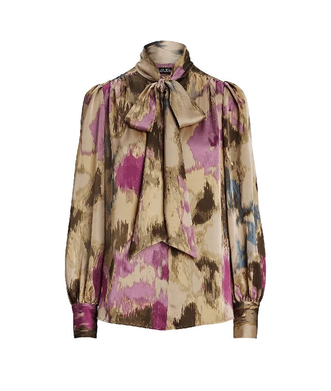 Weekend Deal raincoatFloral Satin Charmeuse Tie-neck Blouse - Multi