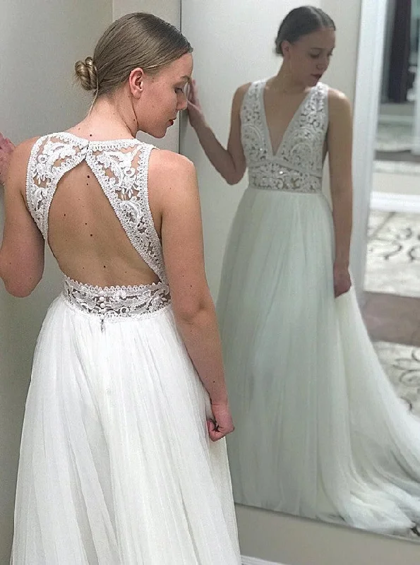 fitted bodycon dressA-Line Deep V-Neck Open Back Tulle Wedding Dress With Lace Top OW484