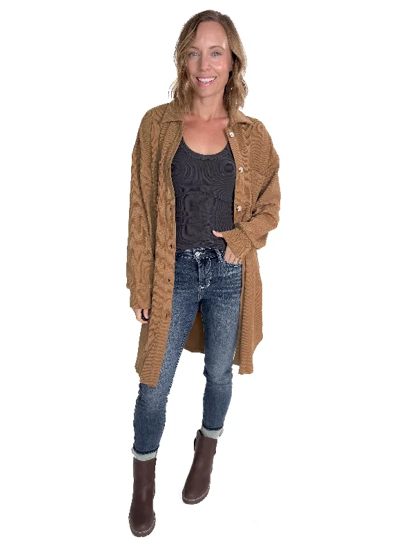Exclusive Deal oversized trench coatEdith Ribbed Longline Shacket- TAN BROWN