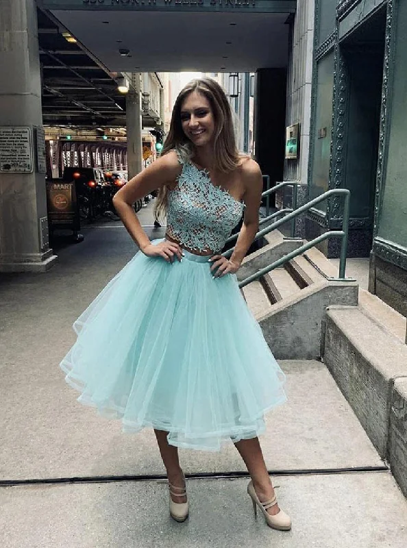 shift dressGreen Tulle Two Pieces Lace Short Prom Dress