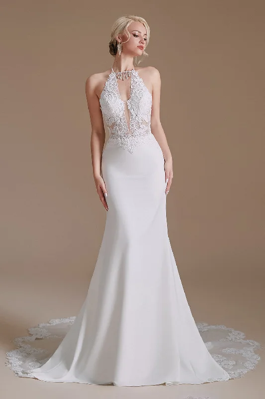 casual dressElegant Long Mermaid Lace Appliques Backless Wedding Dress