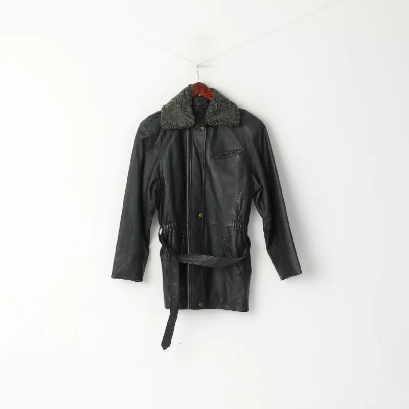 Final Clearance fashionable quilted coatLandy Women M Jacket Black Leather Vintage Belted Biker Removable Trim Collar Top