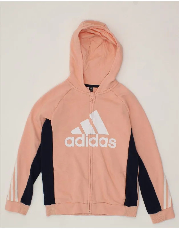 ADIDAS Girls Graphic Zip Hoodie Sweater 9-10 Years Pink Colourblock Cotton