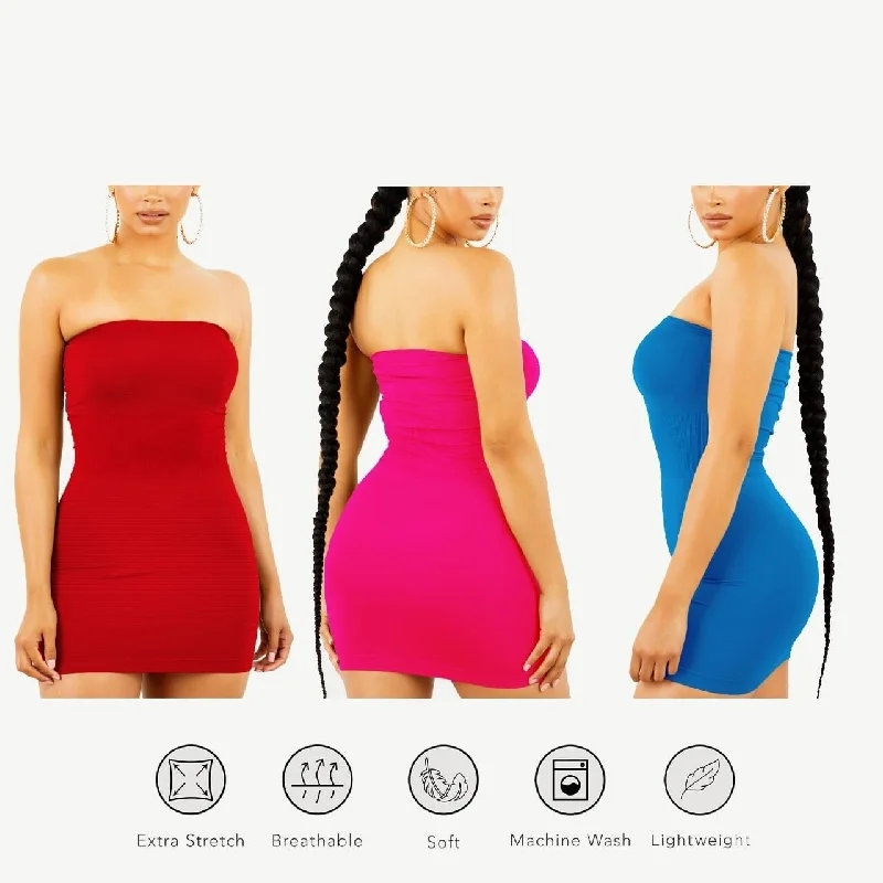 puff sleeve dress3Pack Womens Strapless Seamless Bodycon Mini Tube Top Dress Stretchy Fit