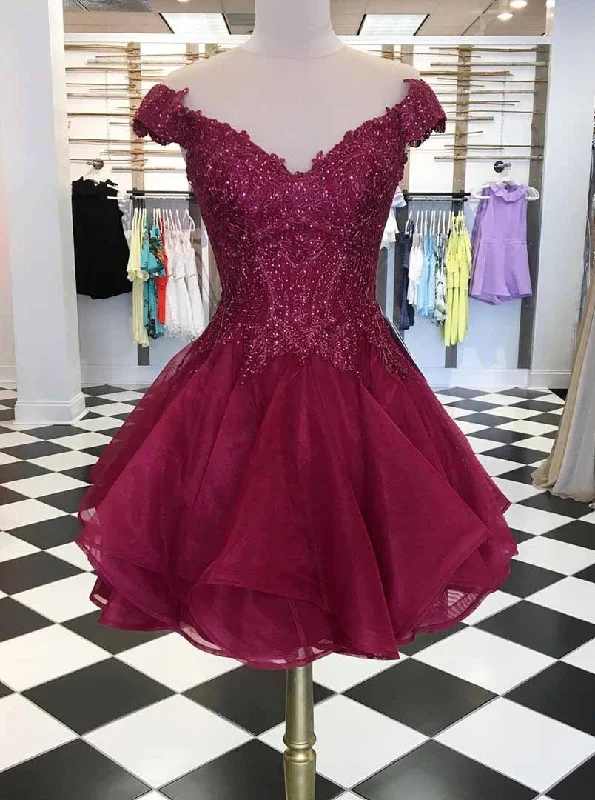 spaghetti strap dressCap Sleeves V Neck Beads Short Prom Dress Maroon Homecoming Dress OM221