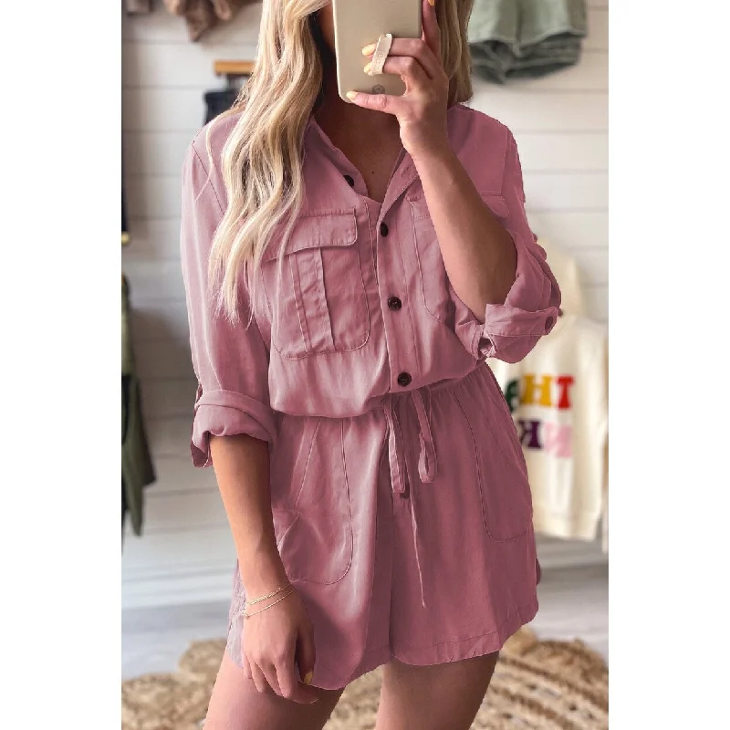 long sleeve dressReese Roll Up Sleeve Flap Pockets Drawstring Romper