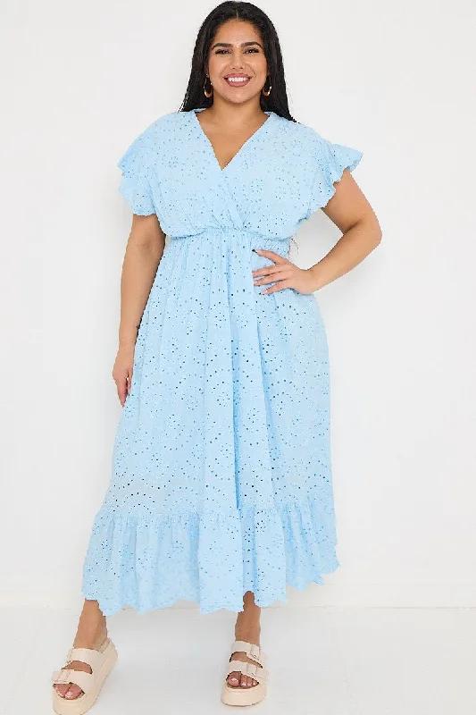 Sale Event modern dressPlus Size Powder Blue Broderie Lace Wrap Top Frill Hem Dress