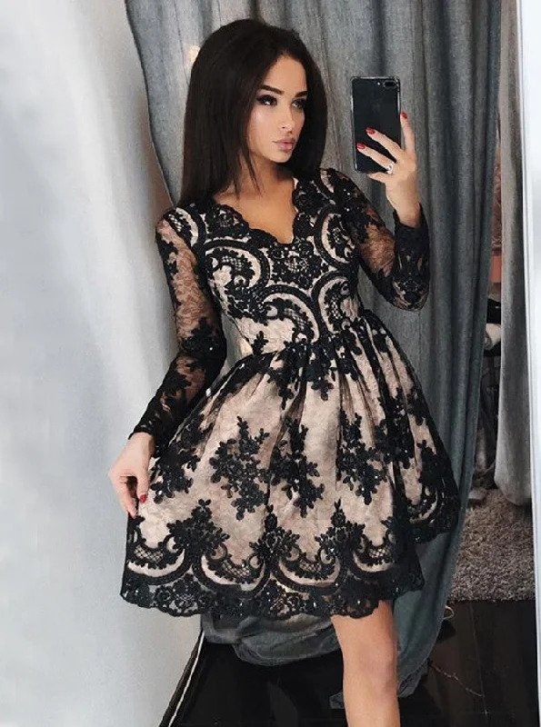 form-fitting dressBlack Lace Appliques Long Sleeves Short Prom Homecoming Dress OM179