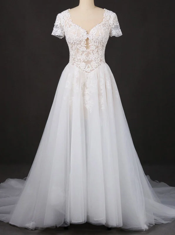 wrap-around dressA-line Short Sleeves Lace Appliques Wedding Dress Keyhole Back Bridal Gown OW570