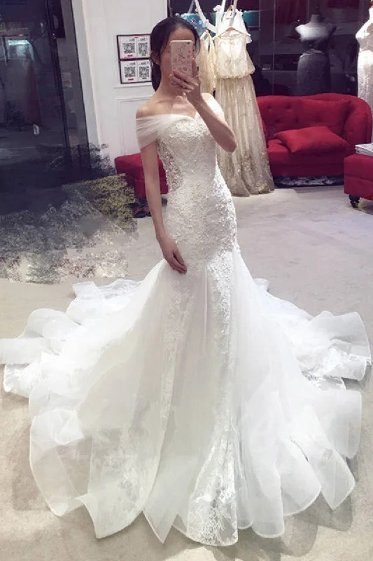 shift dressSexy Mermaid Off-the-shoulder Chapel Train Lace Applique Bridal Dresses Wedding Gown N547