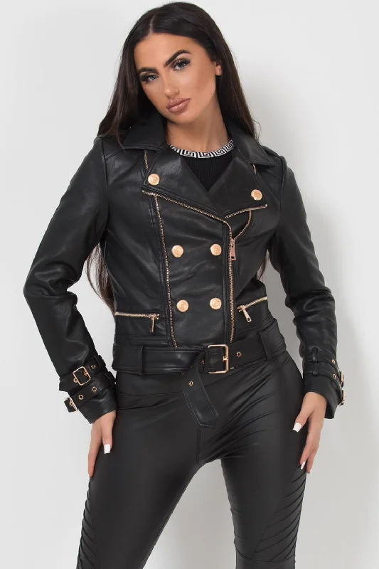 Season Finale Sale cold weather jacketBlack Faux Leather Jacket With Gold Button Detail Season Finale Sale cold weather jacketBlack Faux Leather Jacket With Gold Button Detail