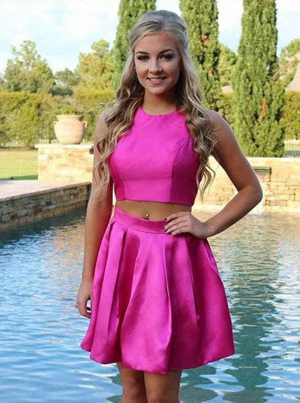 sleek midi dressFuchsia Two Piece Round Neck Satin Women's Cross Back Dress OC112