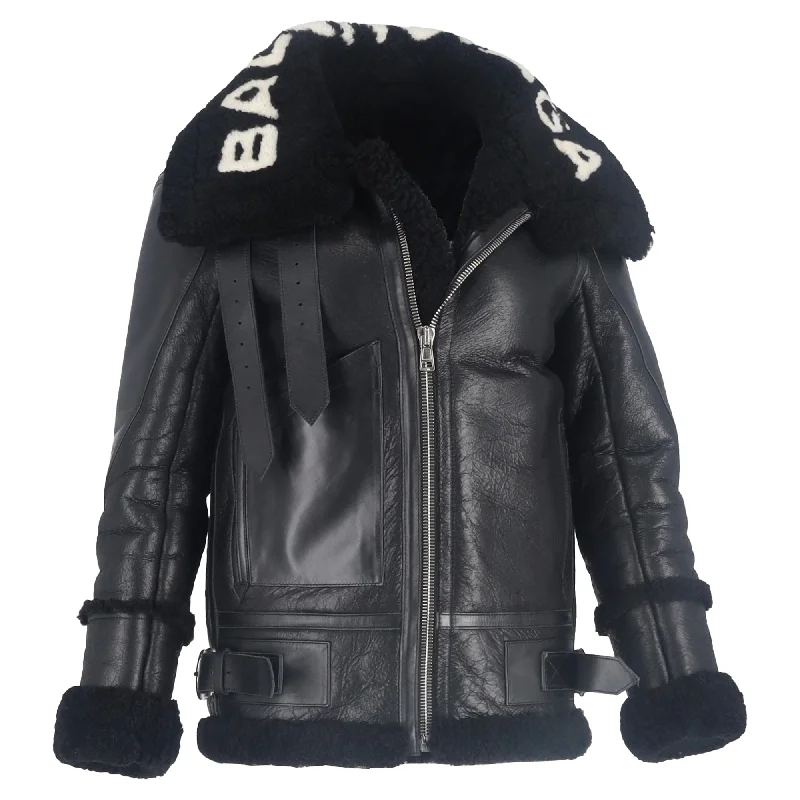 Balenciaga Le Bombardier Oversized Shearling Jacket in Black Lamb Leather