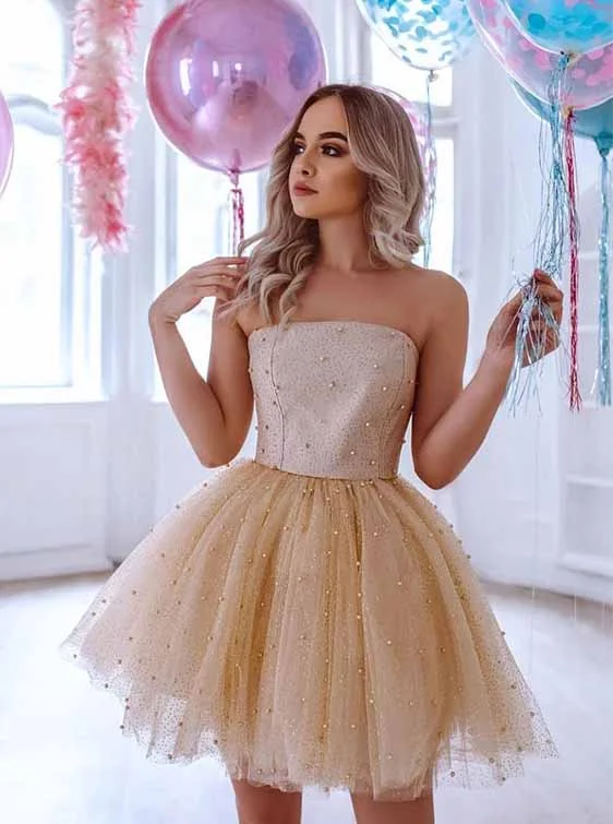 flowy evening dressSparkly Tulle Strapless Homecoming Dress Sequins Cocktail Dress With Pearls OM389