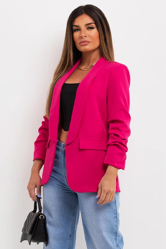 Super Sale warm trench coatHot Pink Ruched Sleeve Blazer