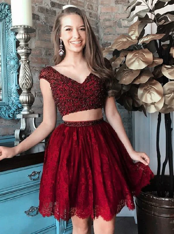 vintage dressBurgundy Two Pieces V-Neck Cap Sleeves Short Lace Prom Dress with Beading