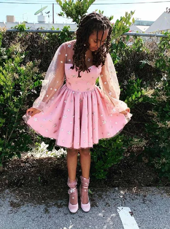 party dressStarry Night Pink Sweet 15 Dress Glitter Star Long Sleeves Homecoming Dress OM209