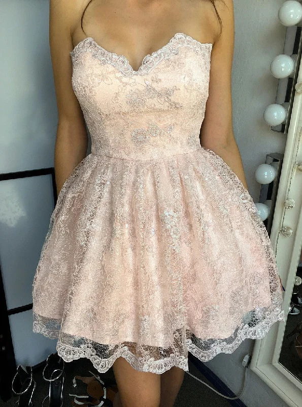 off-the-shoulder dressChic Sweetheart Nude Short Lace A-Line Homecoming Dress OM115