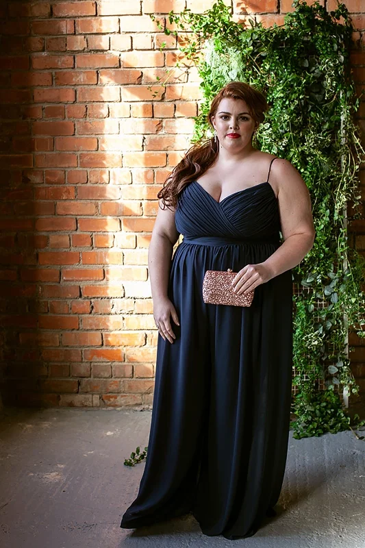 Final Clearance statement dressNavy Plus Size Wide Leg Chiffon Jumpsuit