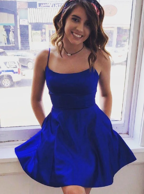 t-shirt dressSimple Short Prom Dresses Royal Blue Homecoming Dress With Pockets OM373