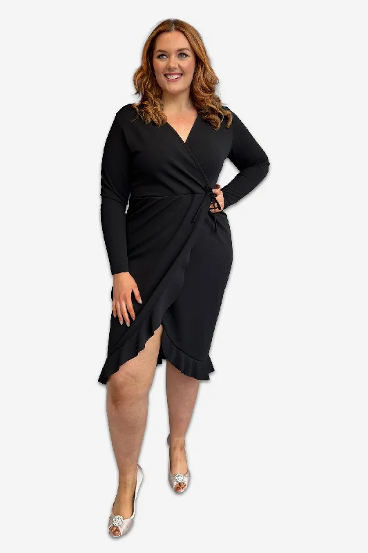 Doorbuster Deal boho dressPlus Size Wrap Long Sleeved Midi Dress | Black or Red