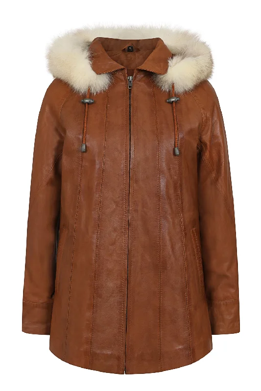 minimalist jacketWomen's Quality Tan Leather Hip Length Coat with Fur Trimmed Detachable Hood - 'CARLA'