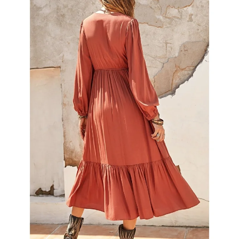 casual knit dressRuched VNeck Long Sleeve Midi Dress