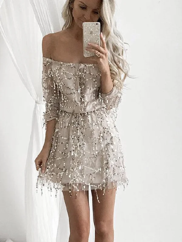 summer floral dressCheap Off The Shoulder Half Sleeves Sequined Cocktail Party Dress OC100