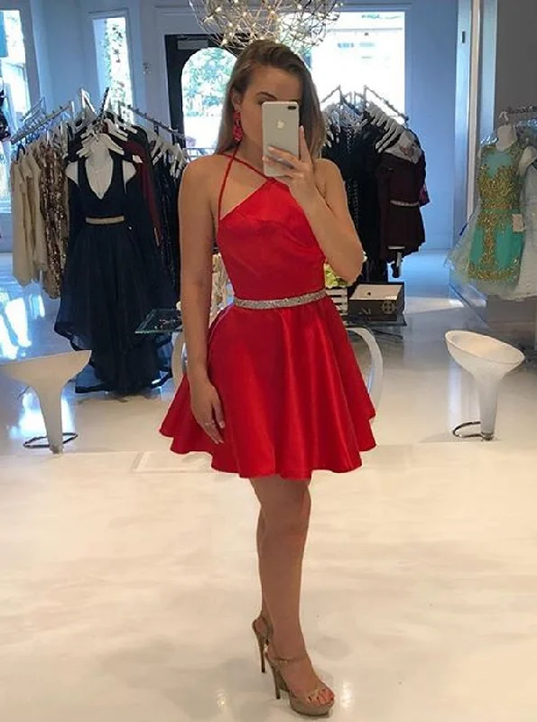 t-shirt dressA-Line Spaghetti Red Satin Homecoming Dress with Beading Waist OM455